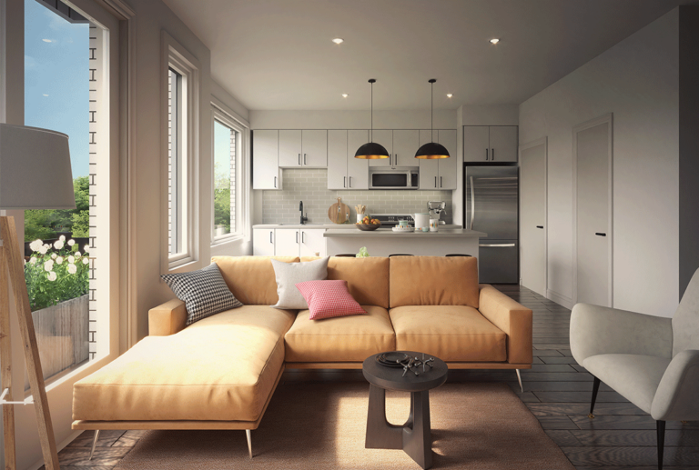 Pre-construction townhomes in Brampton with modern living room designs | PreConstructionInGTA
